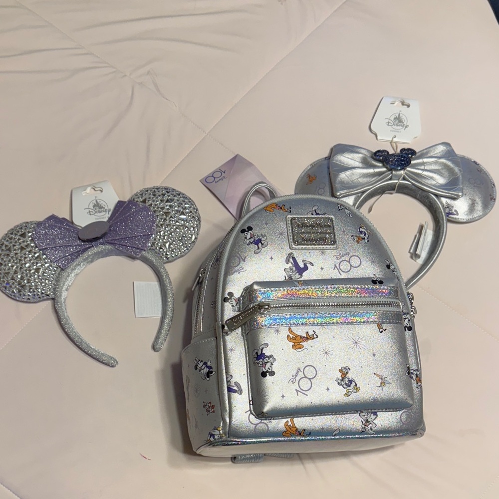 Disney 100 Year Anniversary Silver Backpack and Headband Set